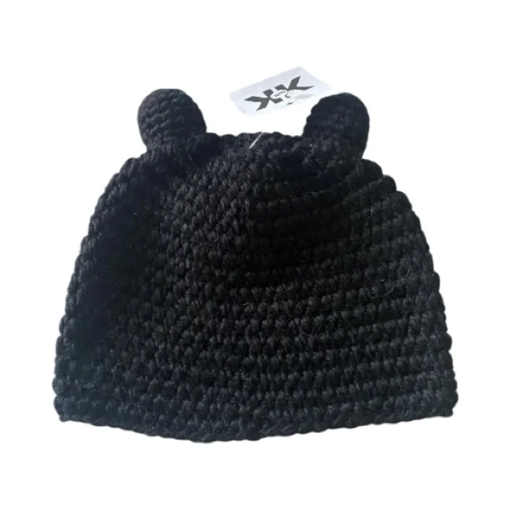 NWT-KROCHET KIDS- 2 Kids Knitted Bear and Cat Ear Beanies - Black and Purple